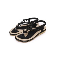 Women's Flat Sandals Glitter Shoes Bohemian Summer Beach T-Strap Flip-Flops - BLACK