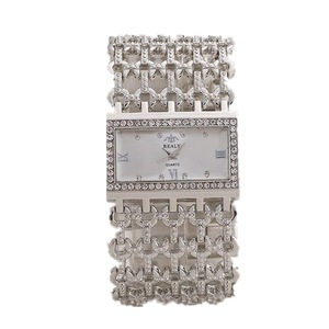 Women's Quartz Diamond Case Alloy Bracelet Square Watch with Super Thin Hollow Strap Silver