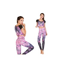 Women's Yoga High Waist Tummy Tight Pants Short Sleeve Fitness Clothes Suit - 5#