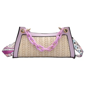 Women Silk Scarf Handbag Purse Straw Woven Ladies Chain Totes Sling Shoulder Bag Youth Ladies Simple Versatile Bag