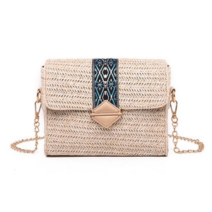 Women Summer Beach Straw Bag Bohemian Crossbody Messenger Shoulder Chain Bag LIGHT-KHAKI COLOR
