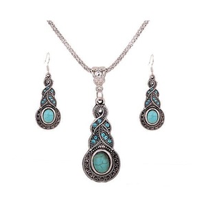 Womens Retro Turquoise Rhinestone Earrings Necklace Jewelry Set