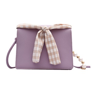 Youth Ladies Simple Versatile Bag Fashion Women Pearl Chain Crossbody Bag Plaid Bow PU Travel Daily Shoulder Pouch
