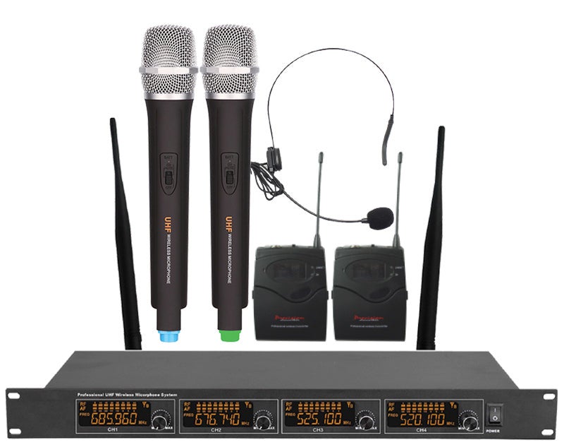 Precision Audio 4 Channel UHF Wireless Microphone System Rack Mountable LCD Display MIC98