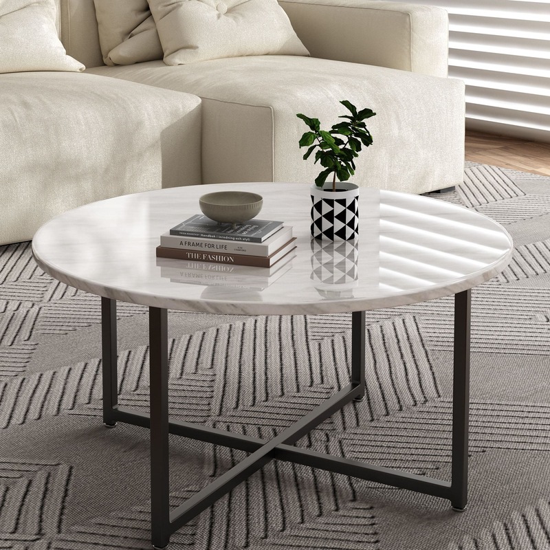 White Marble Effect Round Coffee Table with Black Legs Show Home Sales