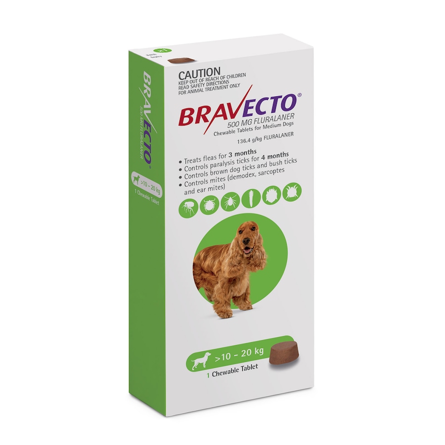 Bravecto Flea & Tick Tablets - Medium Dogs 10-20kg - Green Pack - 1 Tablet 3 Mon