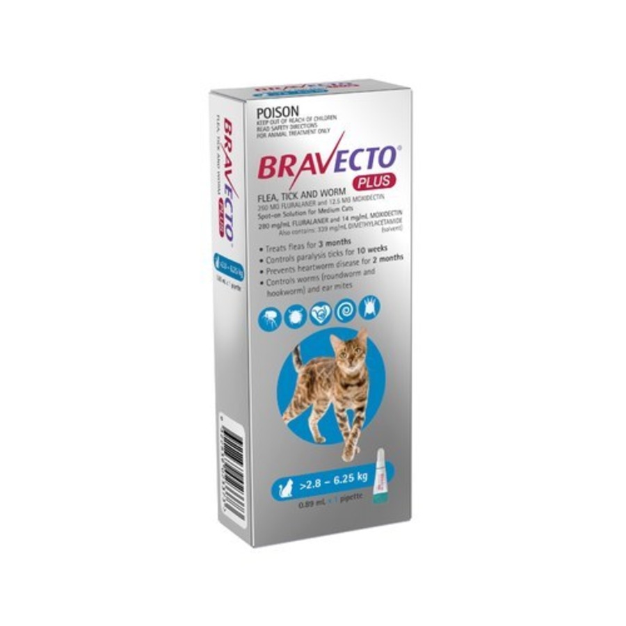 Bravecto Plus Medium Cats 2.8-6.25kg Spot-On Flea, Tick & Heartworm Treatment (Blue)