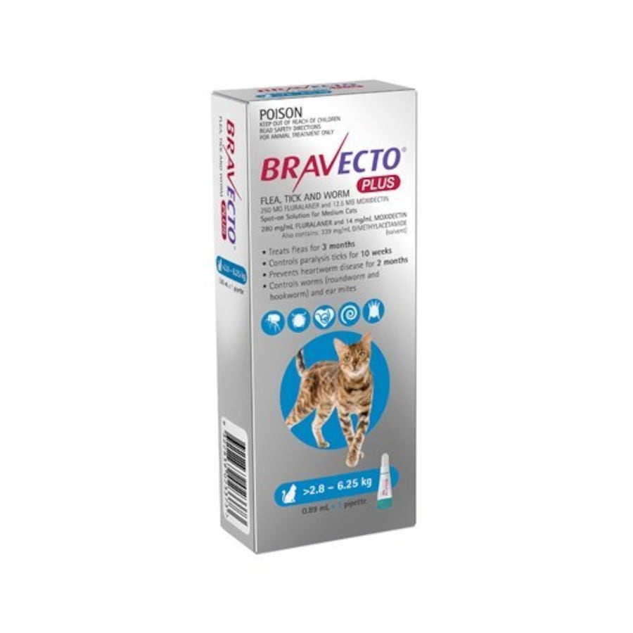 Bravecto Plus Medium Cats 2.8-6.25kg Spot-On Flea, Tick & Heartworm Treatment (Blue)