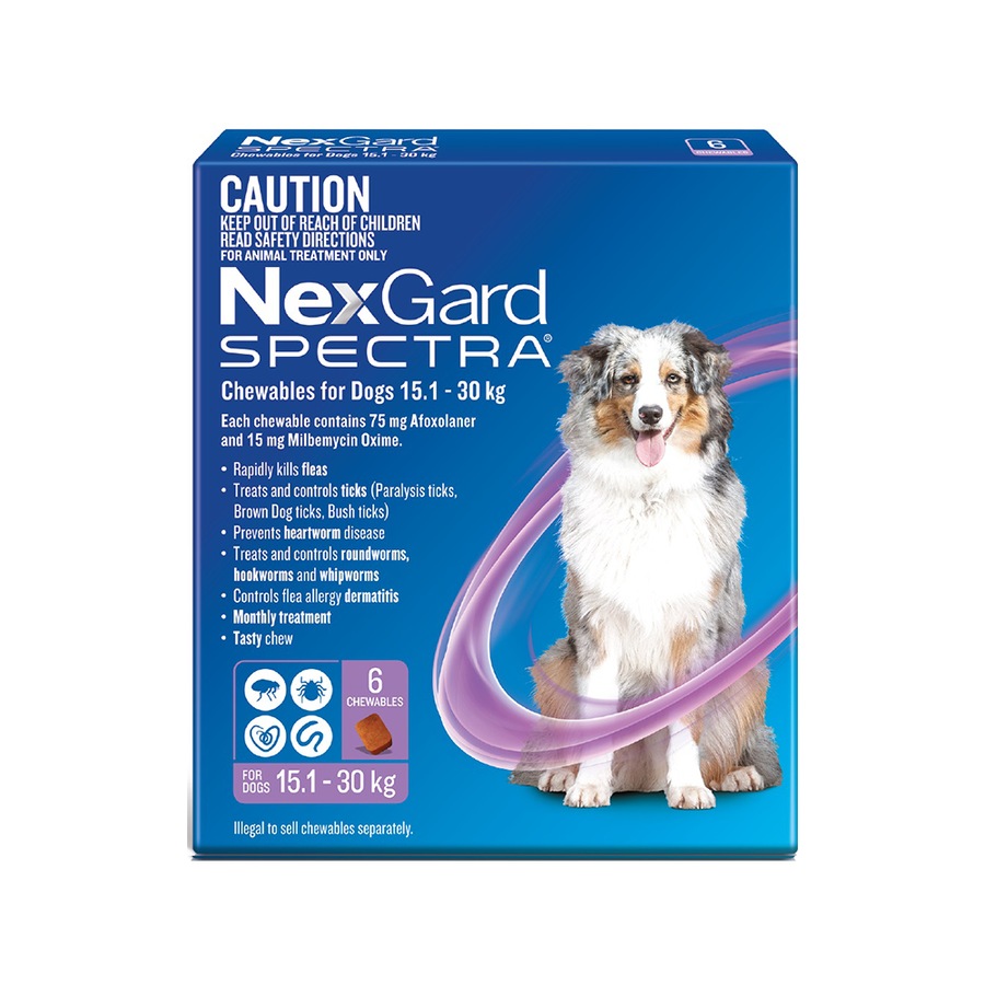 NexGard SPECTRA Flea, Tick & Heartworm for Dogs 15.1-30kg - Purple - 6 Pack