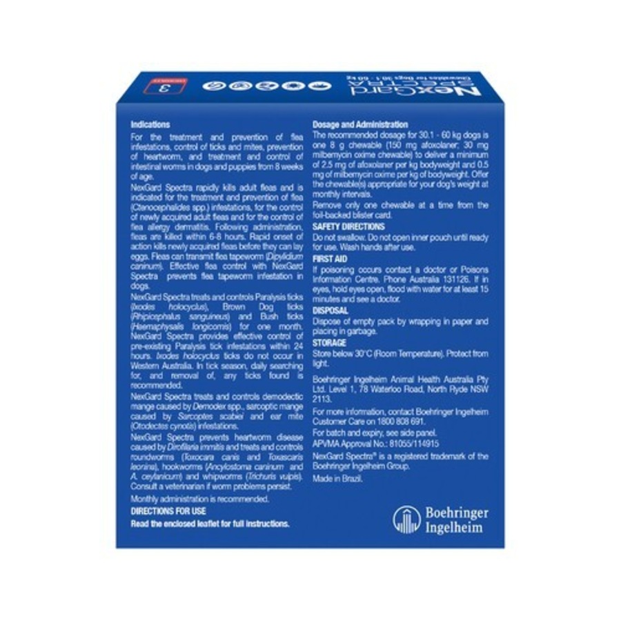 NexGard SPECTRA Flea, Tick & Heartworm for Dogs 30.1-60kg - Red - 3 Pack