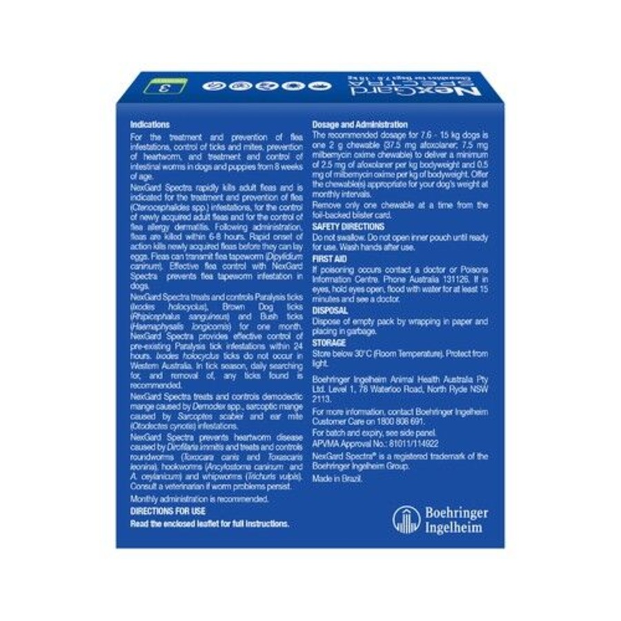 NexGard SPECTRA Flea, Tick & Heartworm for Dogs 7.6-15kg - Green - 3 Pack
