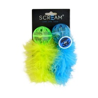 Lattice Balls 2 Pack with Feather Toys for Adult Cats & Kittens by Scream (Green & Blue)