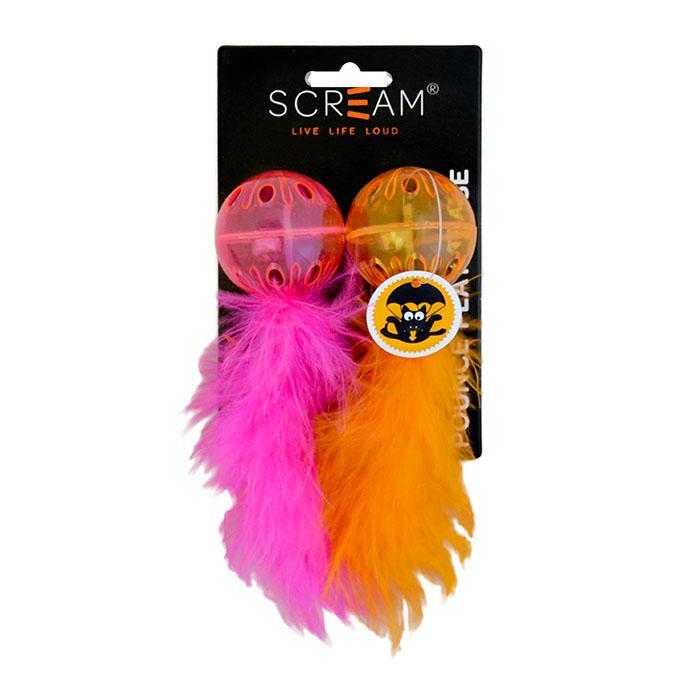 Lattice Balls 2 Pack with Feather Toys for Adult Cats & Kittens by Scream (Orange & Pink)