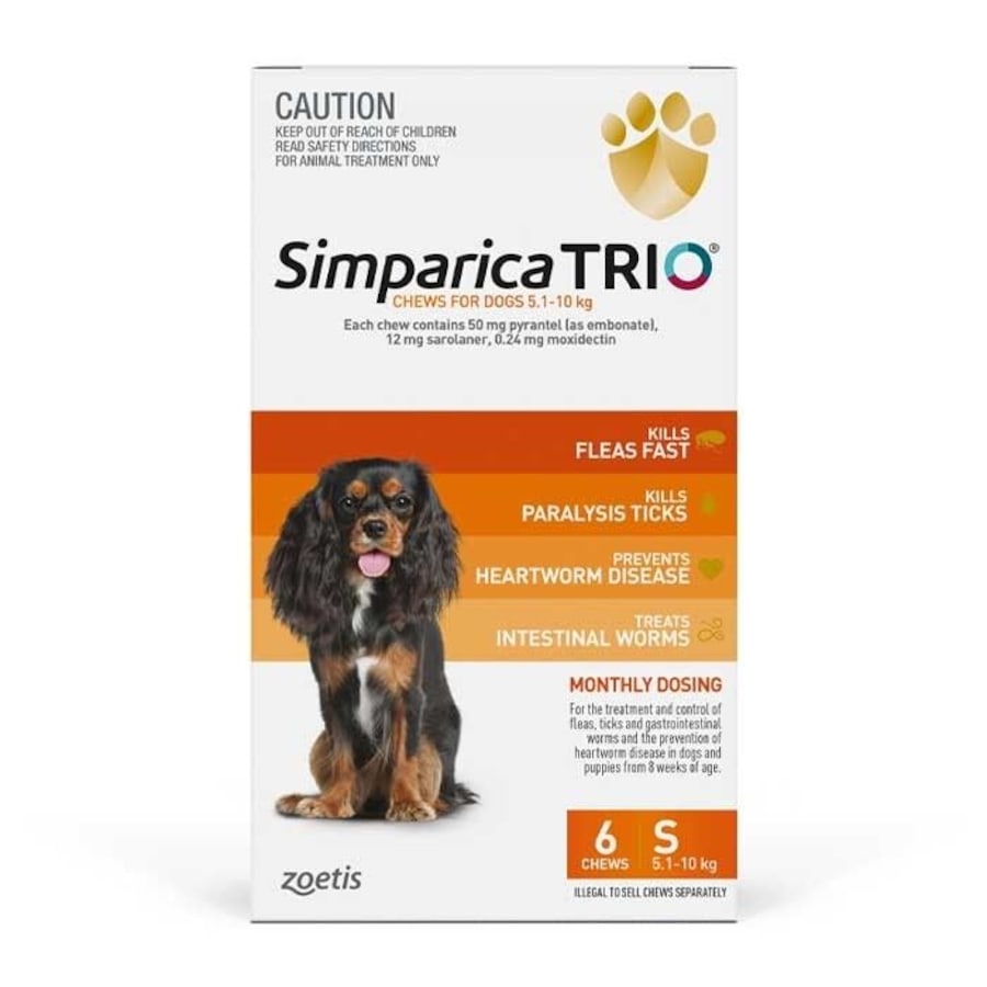 Simparica TRIO Orange 6 Pack for Dogs 5.1kg to 10kg Flea, Tick & Heartworm Chews