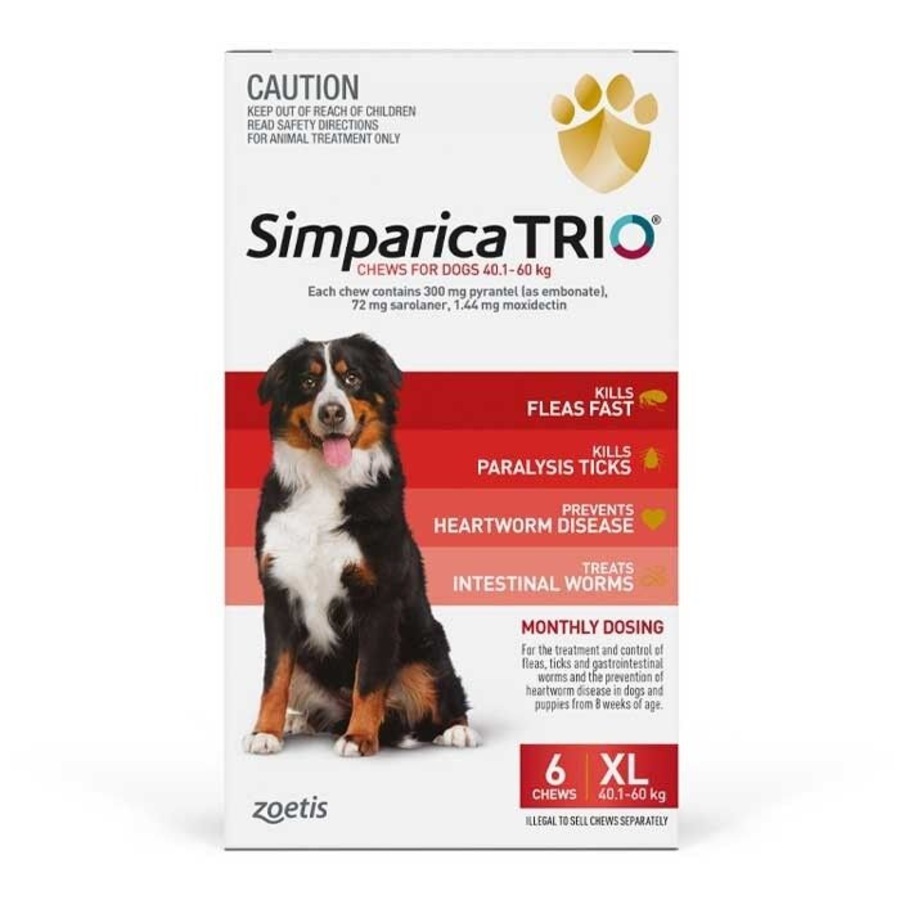 Simparica TRIO Red 6 Pack for Dogs 40.1kg to 60kg Flea, Tick & Heartworm Chew Tabs