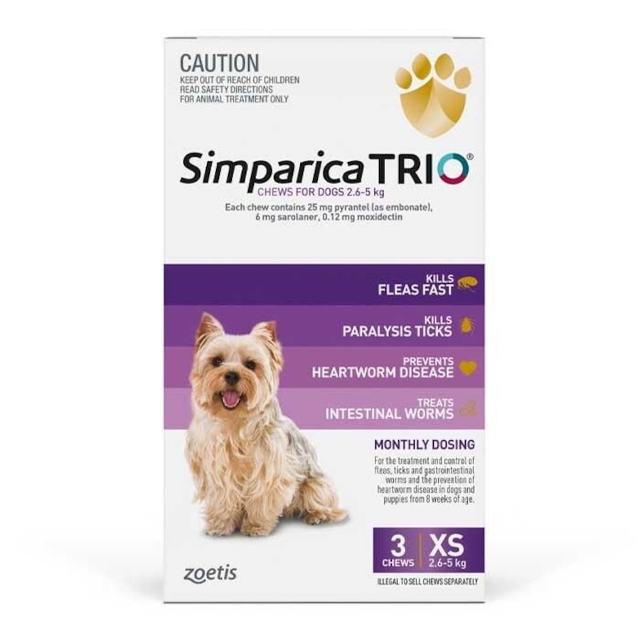 Simparica TRIO Purple 3 Pack for X-Small Dogs 2.6kg to 5kg Flea, Tick & Heartworm Treatment