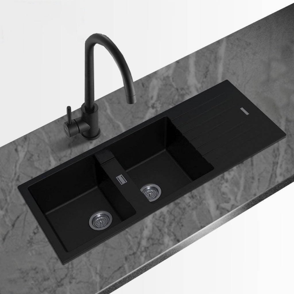 Double Bowls Drainboard Black Granite Quartz Stone Kitchen Sink Top and Undermount 1160x500x200mm