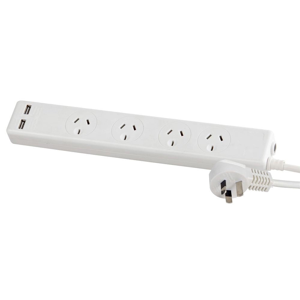4 Way Outlet Power Board Socket with 2 USB 1 Meter Surge Protection SAA Approved Australian Standard
