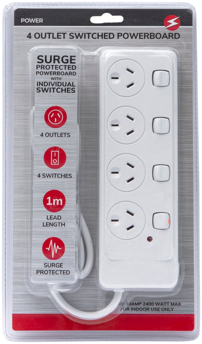 4 Way Outlet SURGE PROTECTOR Power Board w/ INDIVIDUAL SWITCHES 1 METER 240V SAA Approved