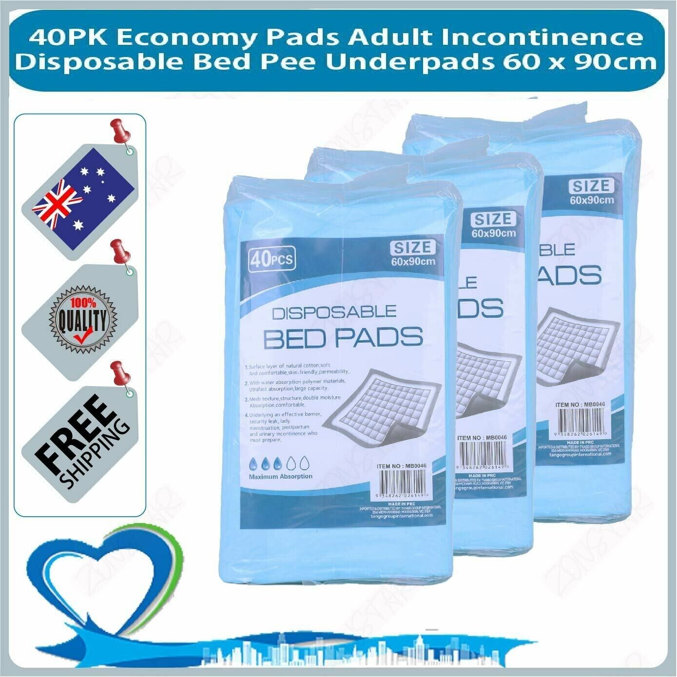 40PK Economy Pads Adult Incontinence Pads Disposable Bed Pee Underpads 60 x 90cm