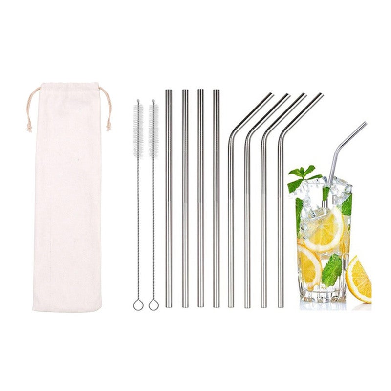 4Pcs Stainless Steel Straight or Bent Drinking Straws Reusable Straws Set with Cleaning Brush and Package Bag