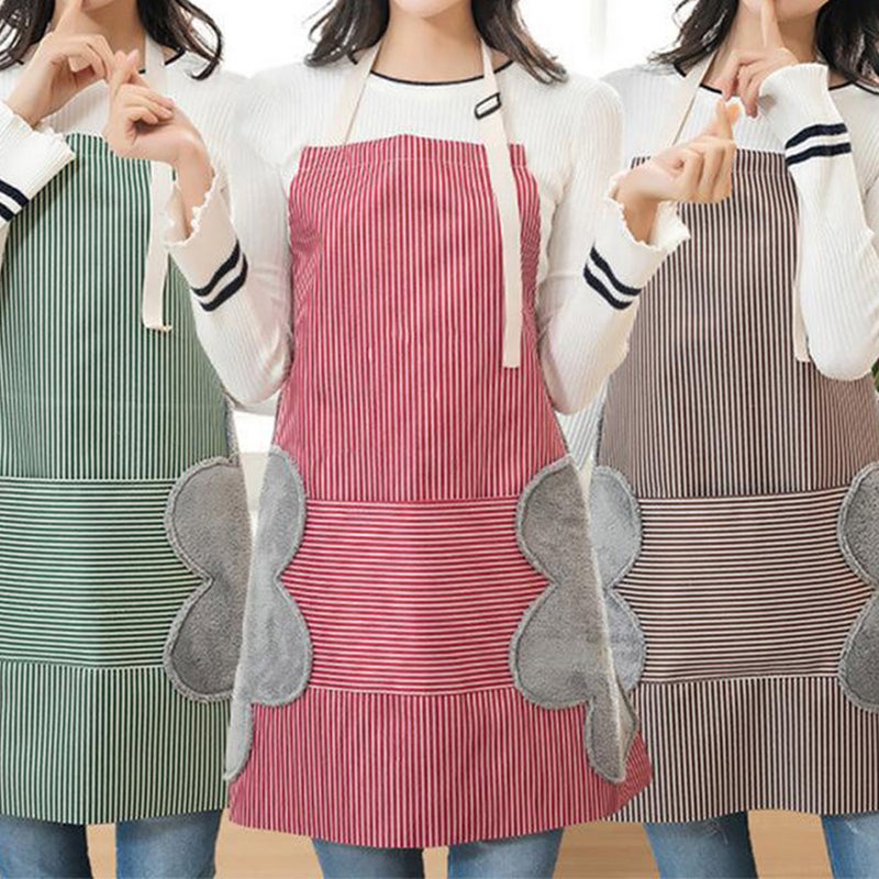 Adjustable Bib Apron With Front Pocket and Double Side Towels Striped Pattern Apron Kitchen Apron