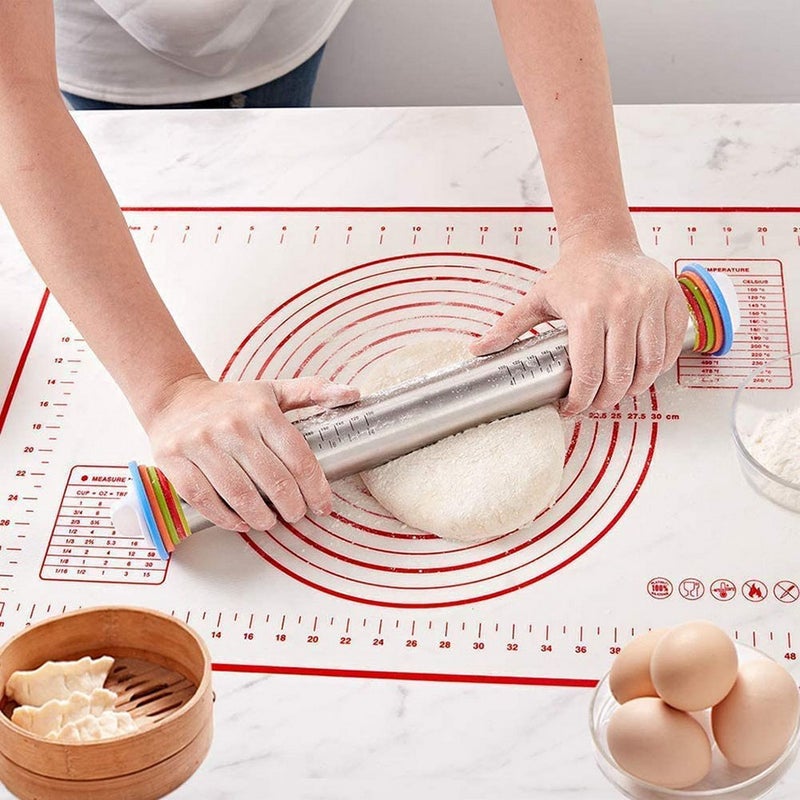 Rolling Pin Adjustable Steel Rolling Pin, with 4 Removable Rings and Mat  for Baking 