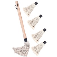 BBQ Grilling Basting Mop Brush Roasting Heat Resistant Wooden Handle with 5 Replacement Heads