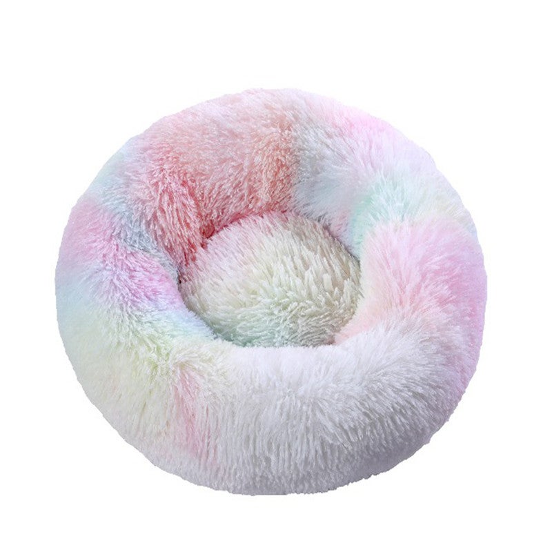 Rainbow Donut Round Pet Dog Cat Calming Bed Warm Soft Plush Round Nest Comfy Sleeping Pet Bed