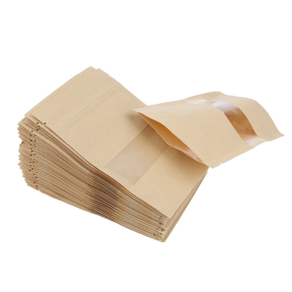 Reusable Self Sealing Zipper Food Storage Bags with Visible Window Resealable Stand-Up Base Kraft Paper Bag