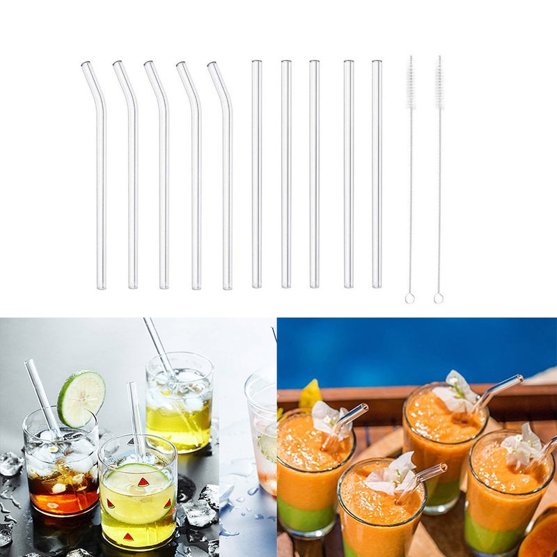 Transparent Glass Straw Set Reusable Drinking Straight or Bent Straws Set with Cleanging Brushes