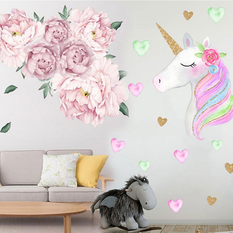 Unicorn or Flower Wall Stickers Girls Home Room Nursery Decor Wall Decal