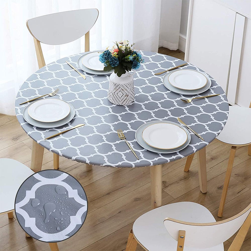 Waterproof Wipeable Elastic Edge Round PVC Table Cloth Oilcloth Moroccan Trellis Tablecloth for Kitchen