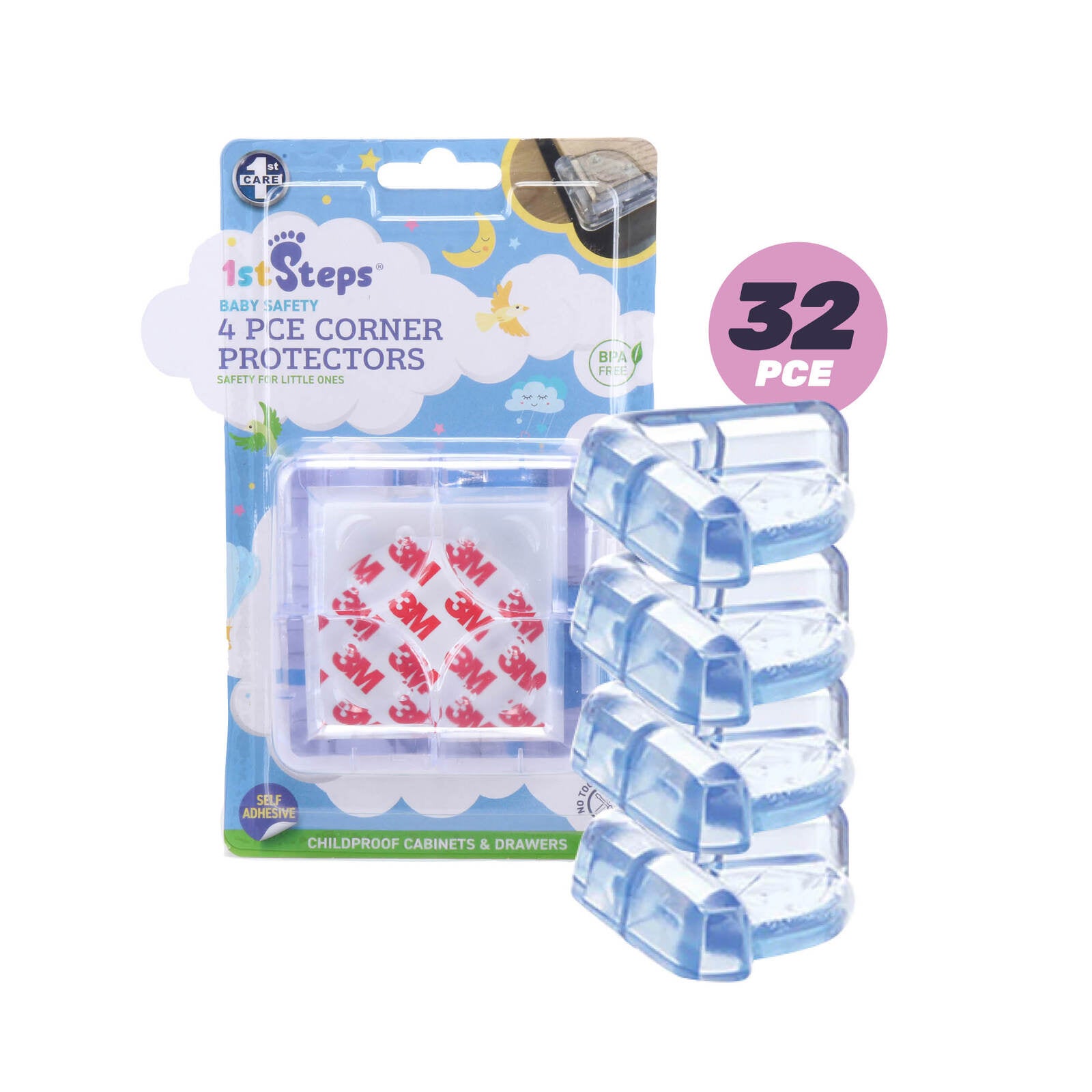 1st Steps® 32PCE Corner Protectors Self Adhesive Transparent Clear 4cm x 4cm