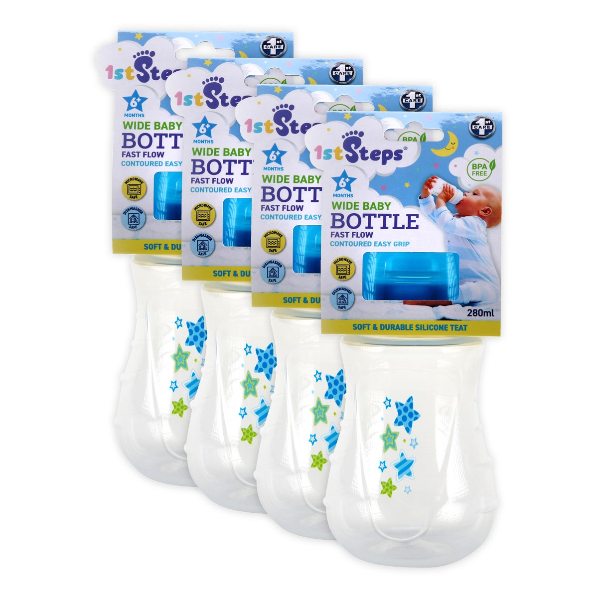 1st Steps® 4PCE Baby Bottle Blue Wide Neck Fast Flowing Teat BPA Free 280ml