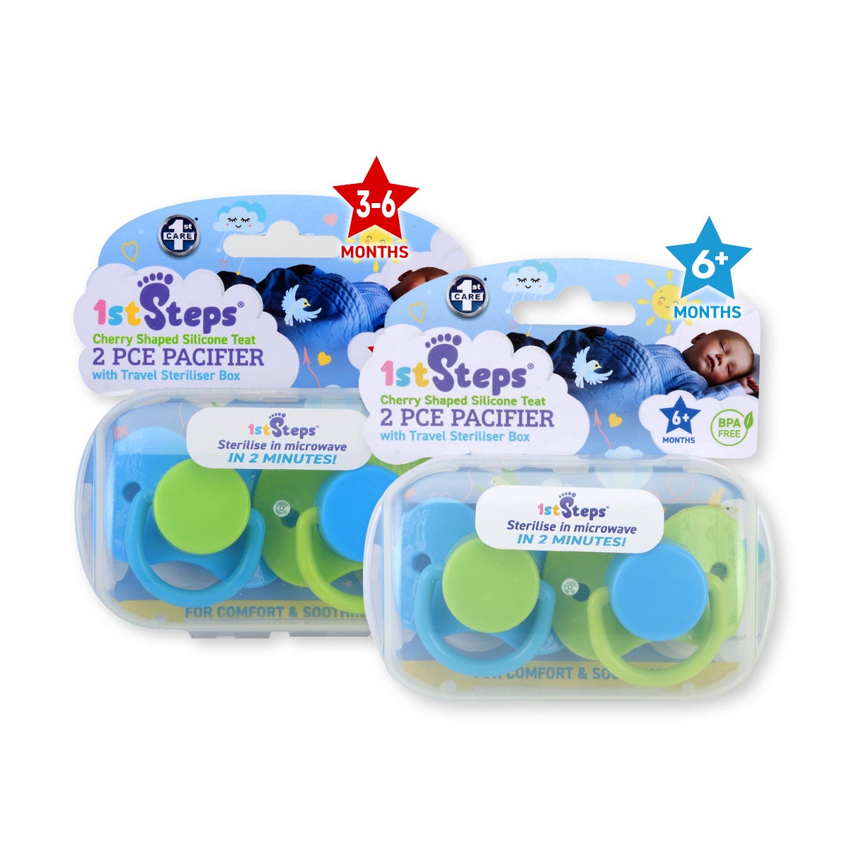 1st Steps 4PCE Pacifiers Blue Cherry Shaped Sterilising Cases 3-6+ Months
