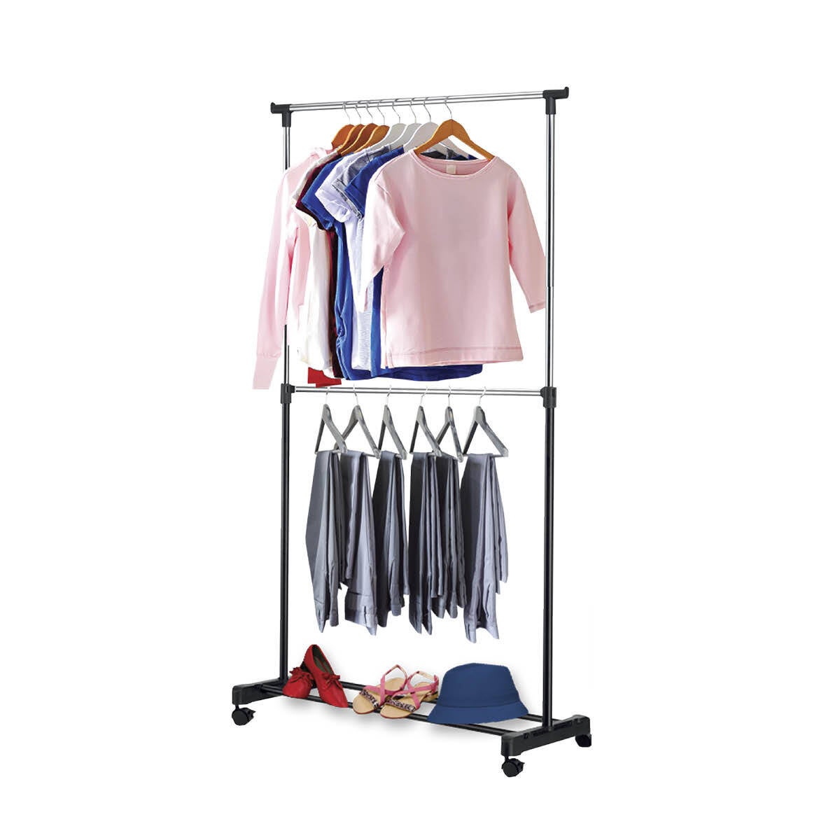 Home Master Adjustable Height Double Rail Garment Rack With Shoe Shelf 