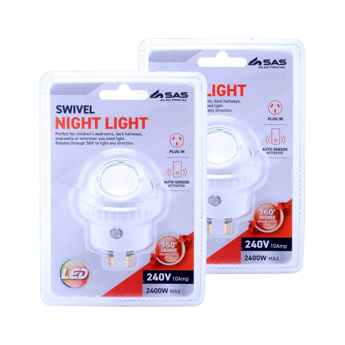 SAS Electrical 2PCE Night Light LED Plug In Auto Sensor 360 Degree Swivel Head