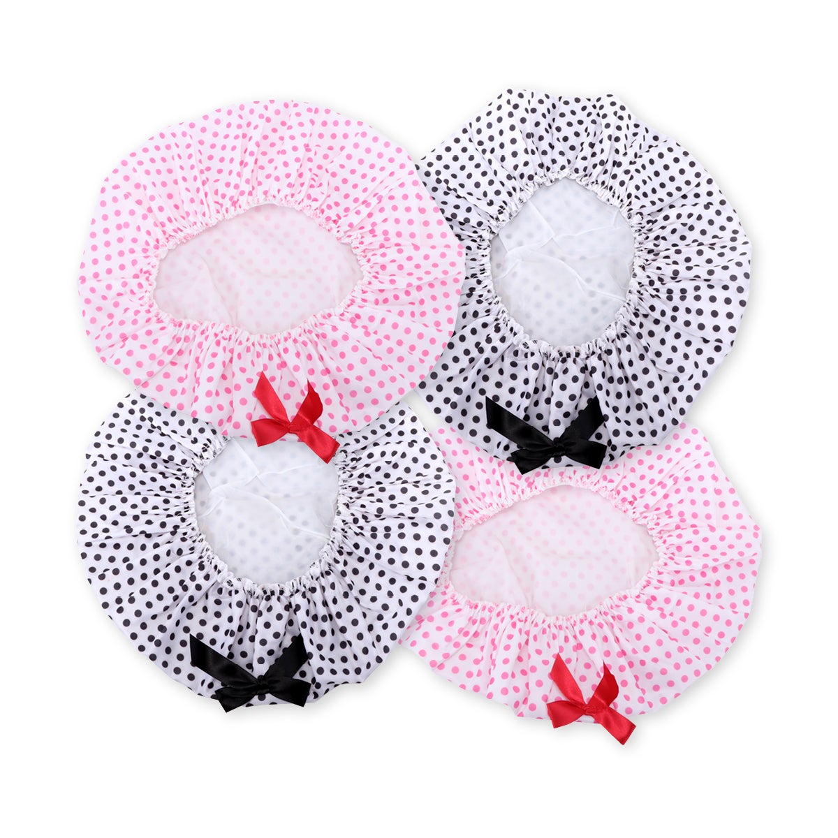 Swosh® 4PK Shower Cap Jumbo Size Polka Dot Design Thick Comfortable Material 