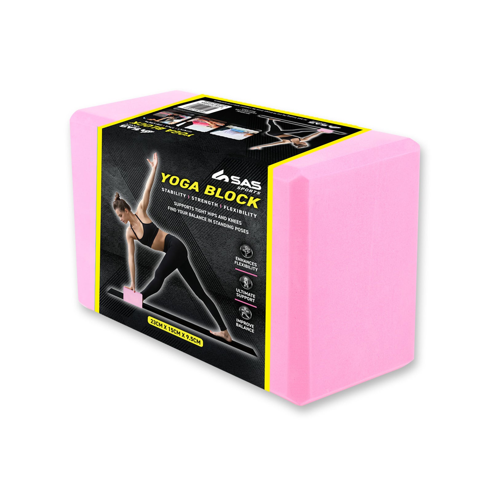 SAS Sports Yoga Block Pink Ultimate Support Firm High Density Foam Exercise Fitness 23cm