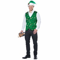 Elf Holiday Green Vest Hat Clip Christmas Santa Festival Mens Costume Kit