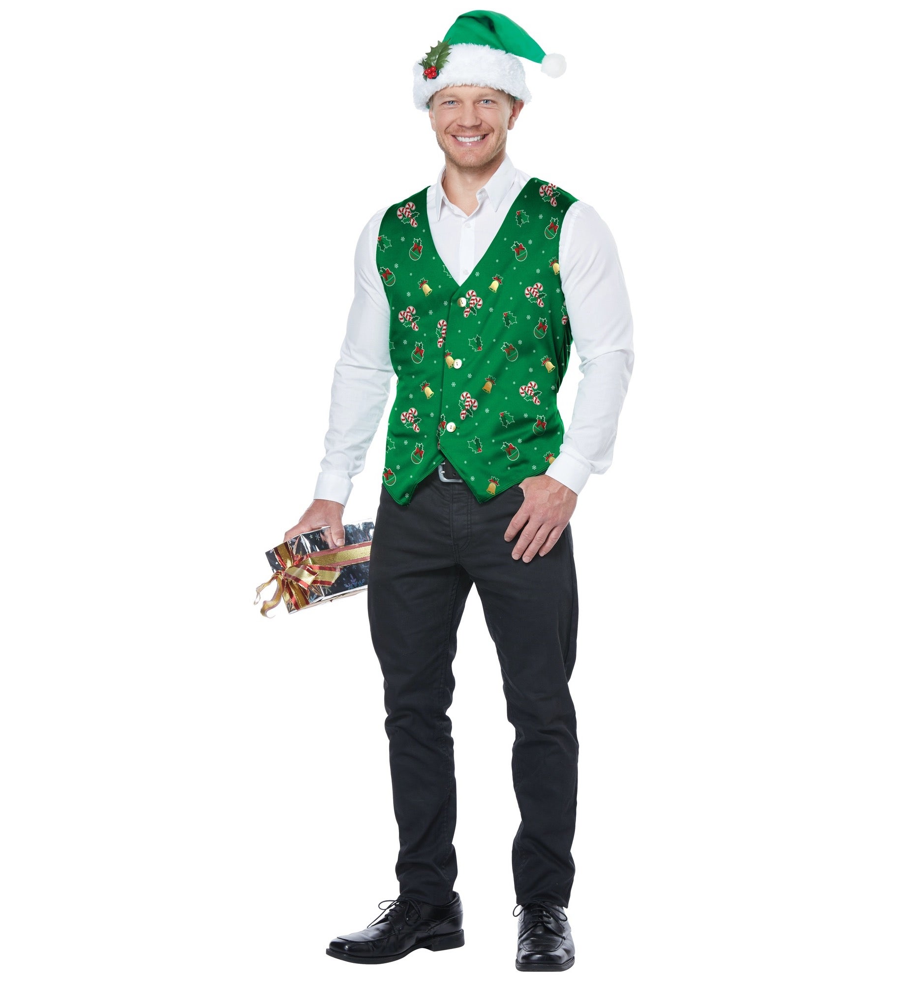 Hobbypos Elf Holiday Green Vest Hat Clip Christmas Santa Festival Mens Costume Kit