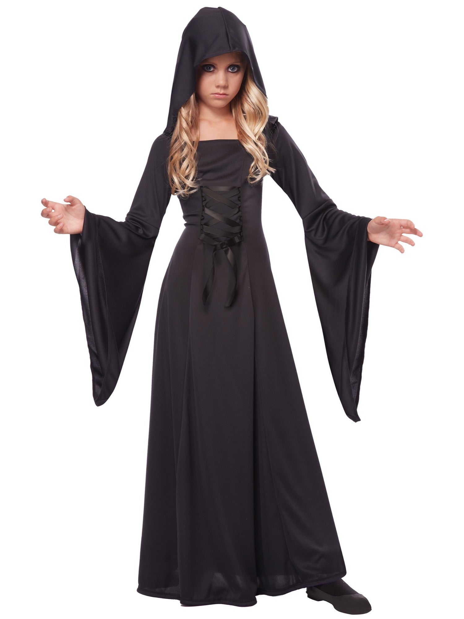 Hobbypos Black Hooded Robe Witch Sorceress Vampire Gothic Medieval Ghost Girls Costume