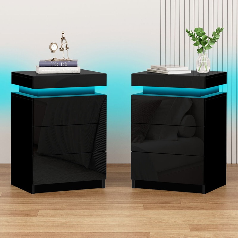 Buy Alfordson 2x Bedside Table RGB LED Nightstand 3 Drawers 4 Side High
