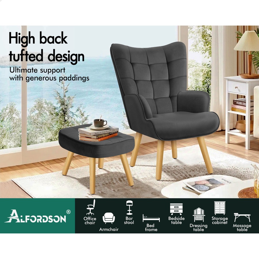 ALFORDSON Wooden Armchair Velvet Accent Lounge Accent Chair Ottoman Sofa Footstool