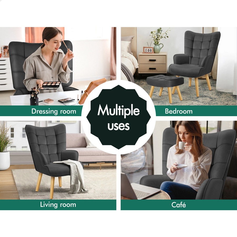 ALFORDSON Wooden Armchair Velvet Accent Lounge Accent Chair Ottoman Sofa Footstool