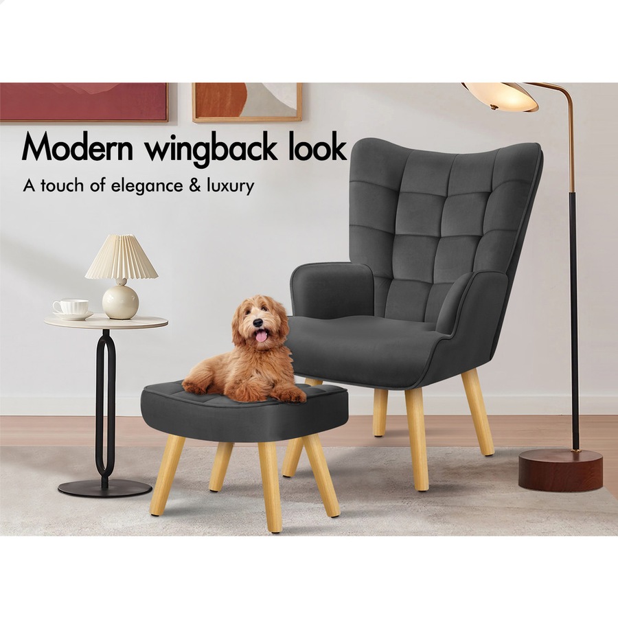 ALFORDSON Wooden Armchair Velvet Accent Lounge Accent Chair Ottoman Sofa Footstool