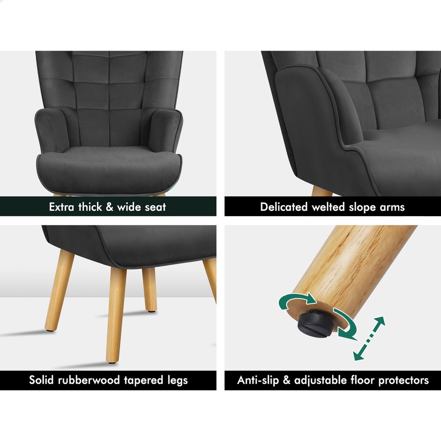 ALFORDSON Wooden Armchair Velvet Accent Lounge Accent Chair Ottoman Sofa Footstool