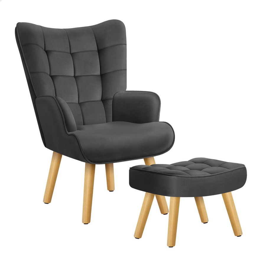 ALFORDSON Wooden Armchair Velvet Accent Lounge Accent Chair Ottoman Sofa Footstool