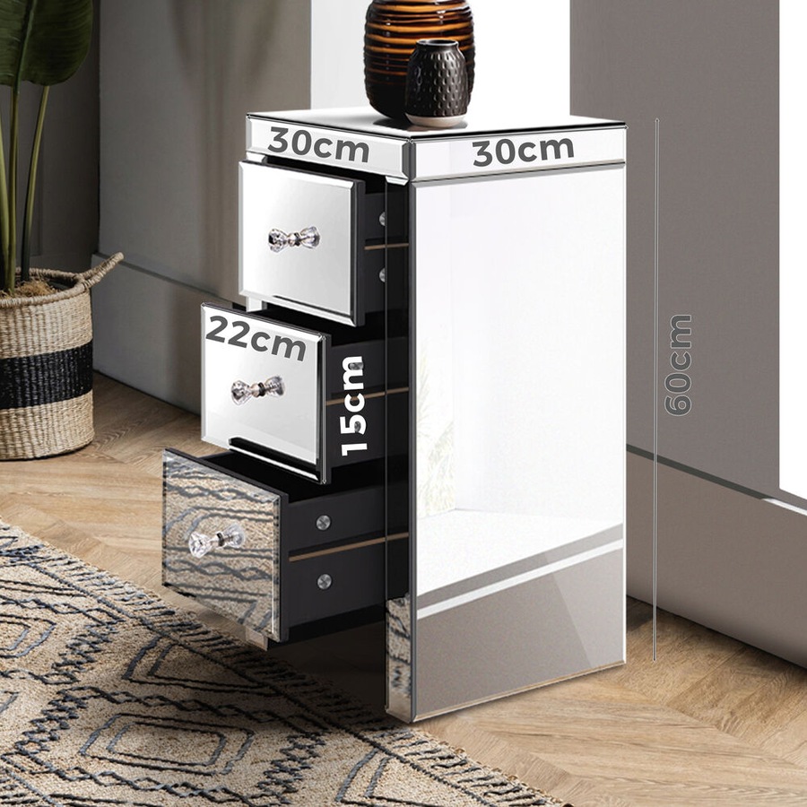 ALFORDSON Bedside Table - Ainsley 3 Drawers Luxury Mirrored Glass Nightstand (Silver)